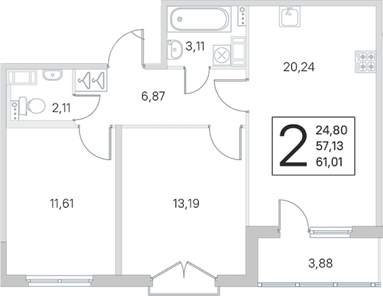 2-комнатная квартира 57.13 м², 3/4 эт., ЖК «Любоград в Стрельне»